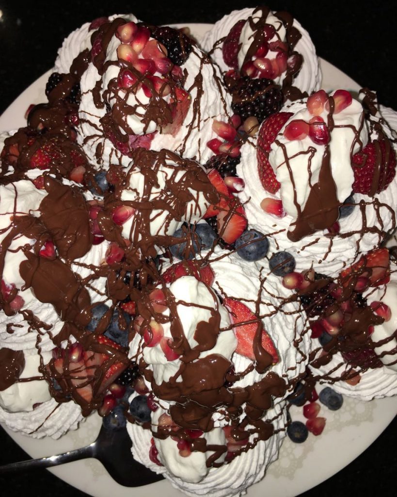 Pomegranate and Berry Pavlova with Chocolate Sauce- Ty